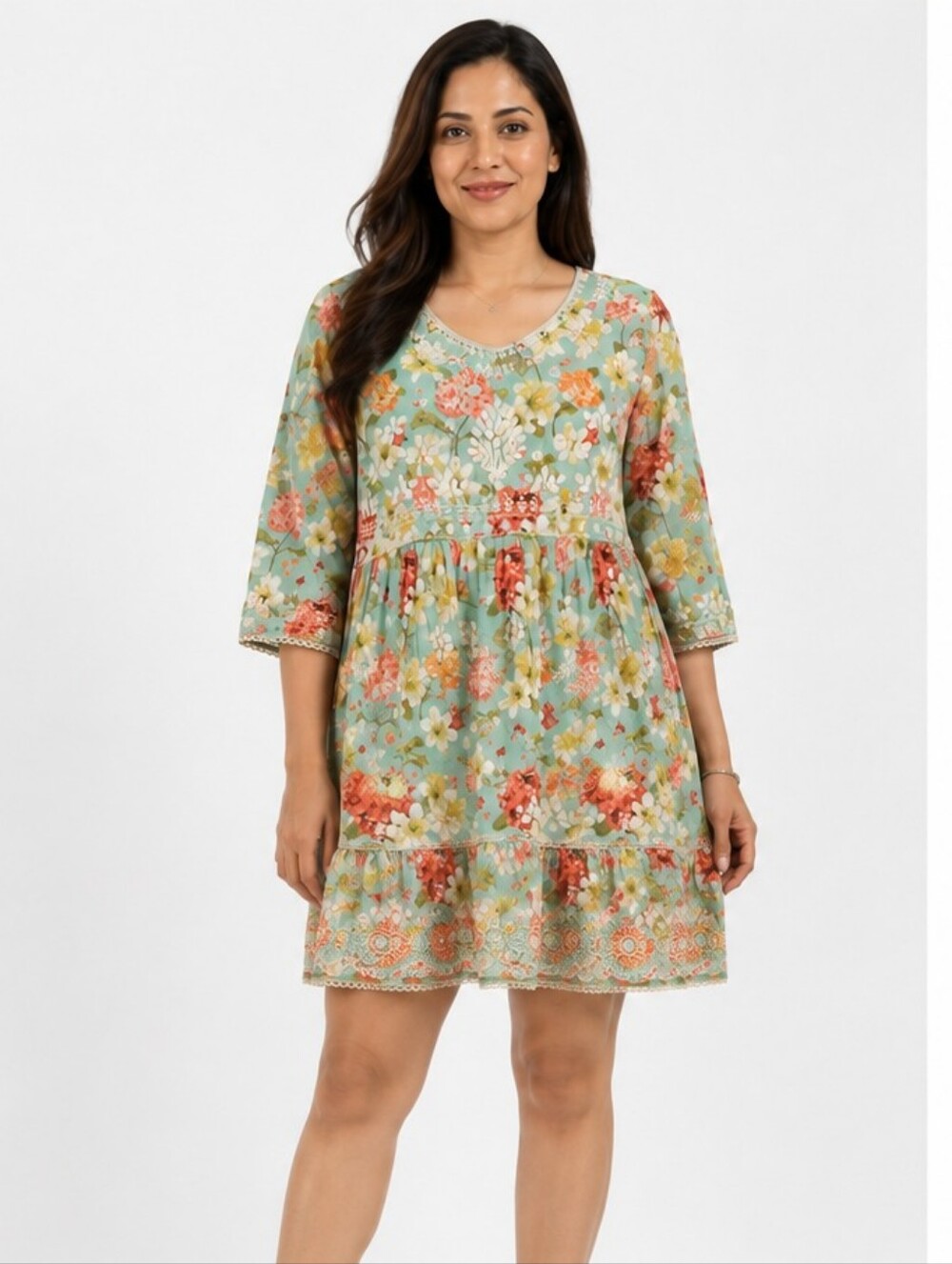 Floral Cotton Linen Dress US 10–12 Mint Boho Lined